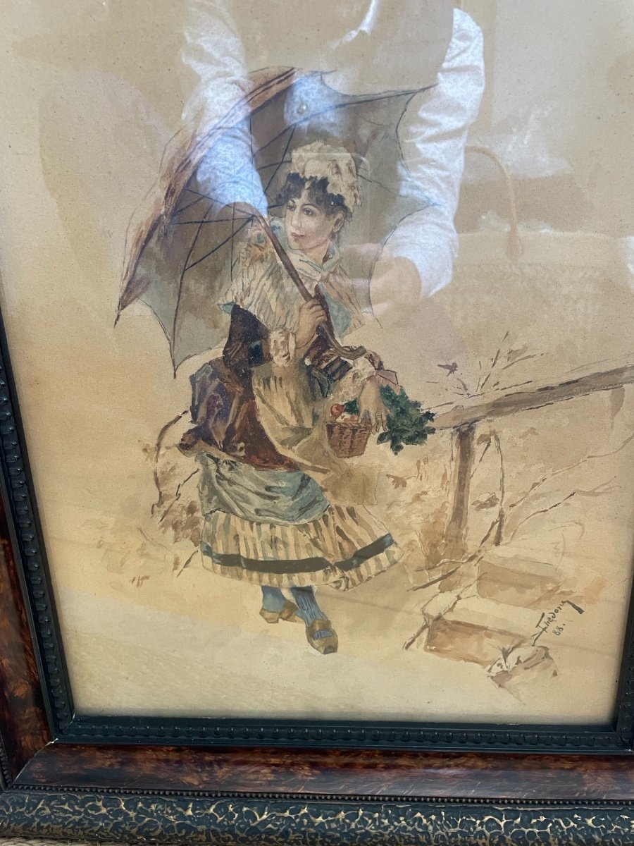 Old Watercolor Painting: The Lady With The Umbrella, Signed And Dated Late Nineteenth Romantic-photo-2