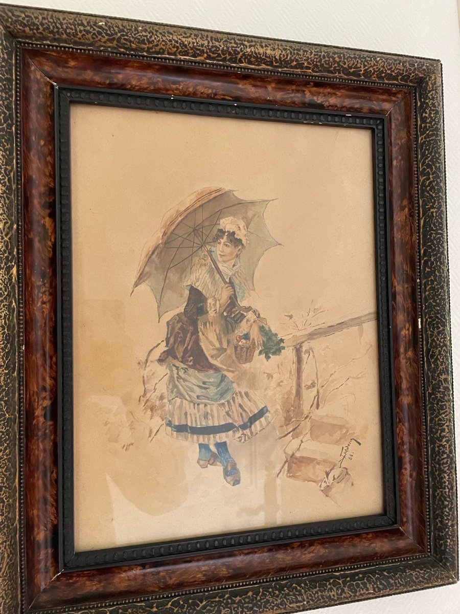 Old Watercolor Painting: The Lady With The Umbrella, Signed And Dated Late Nineteenth Romantic-photo-3