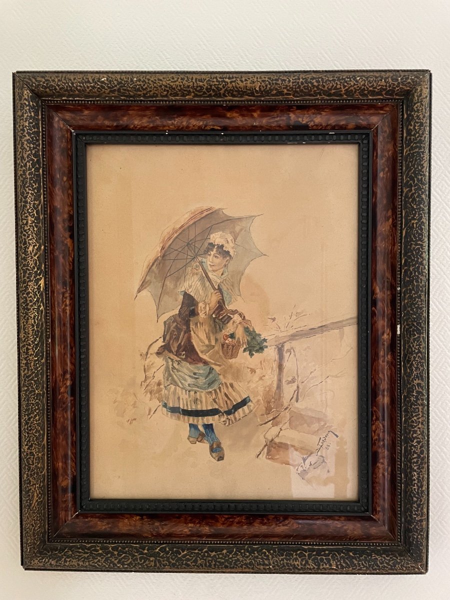 Old Watercolor Painting: The Lady With The Umbrella, Signed And Dated Late Nineteenth Romantic-photo-4