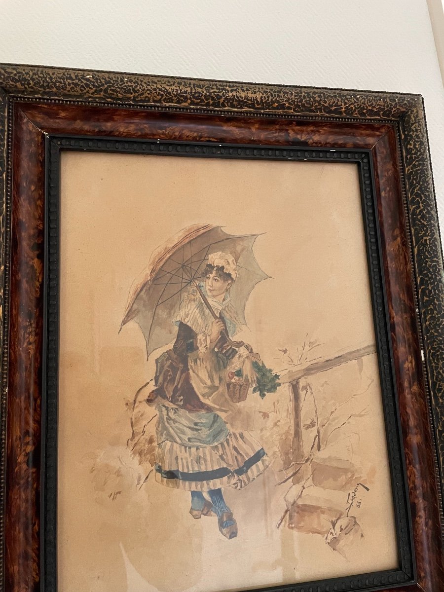 Old Watercolor Painting: The Lady With The Umbrella, Signed And Dated Late Nineteenth Romantic-photo-4