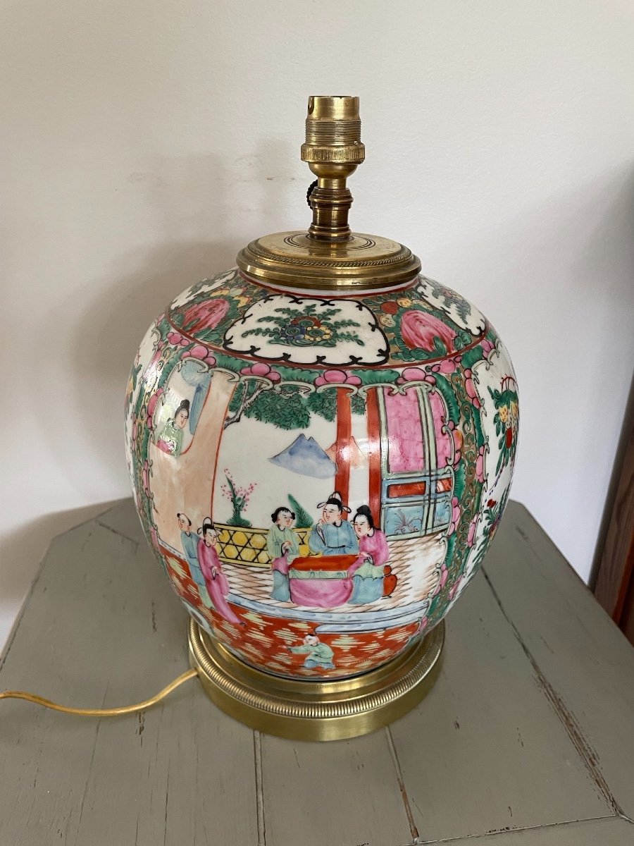 Grande Lampe Ancienne En Porcelaine De Canton Chine, époque Début XX ème Siècle Famille Rose-photo-2