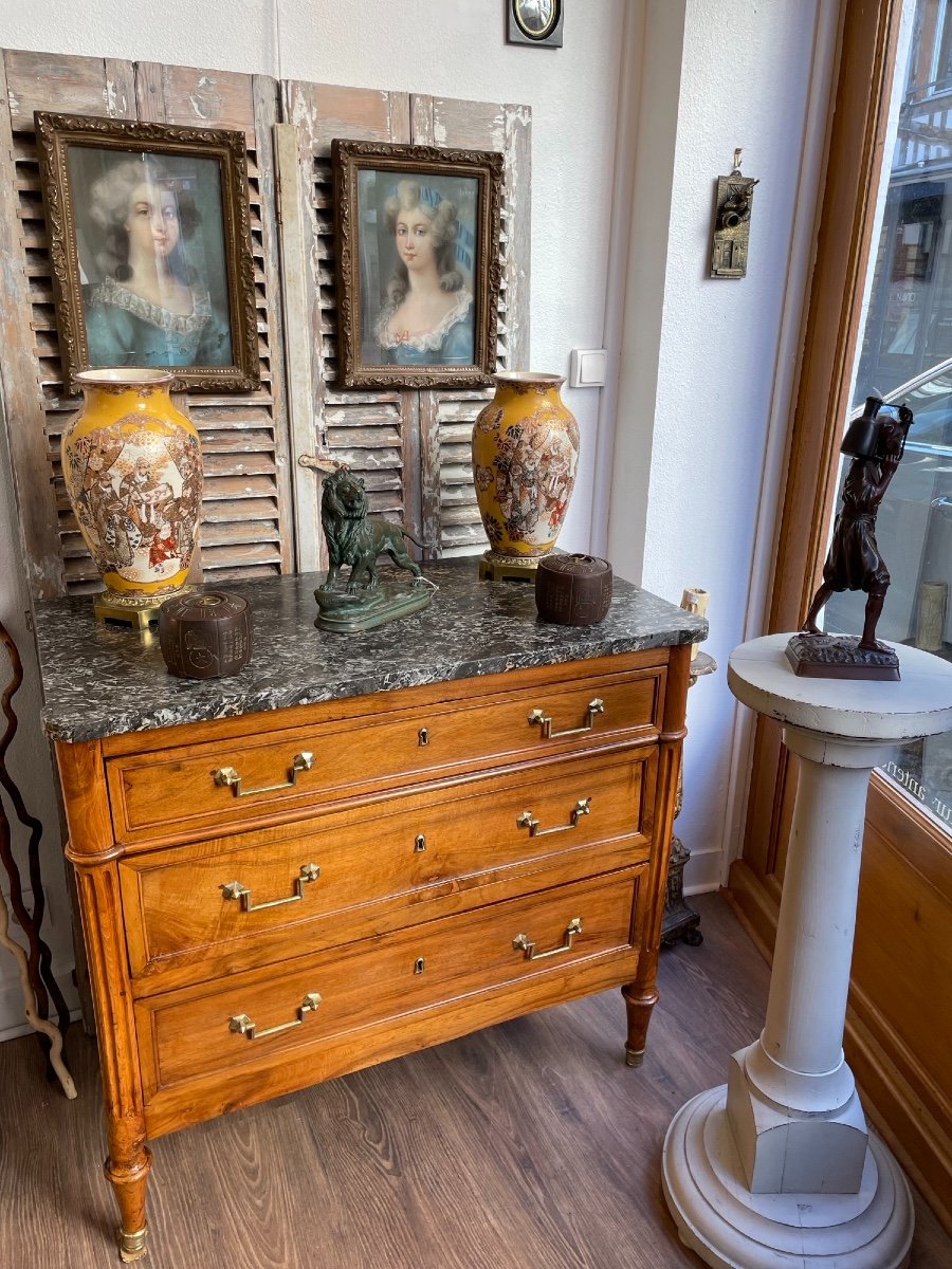 Old And Small Louis XVI Commode Small Size In Walnut End XVIII / Beginning XIX Eme Marble-photo-3