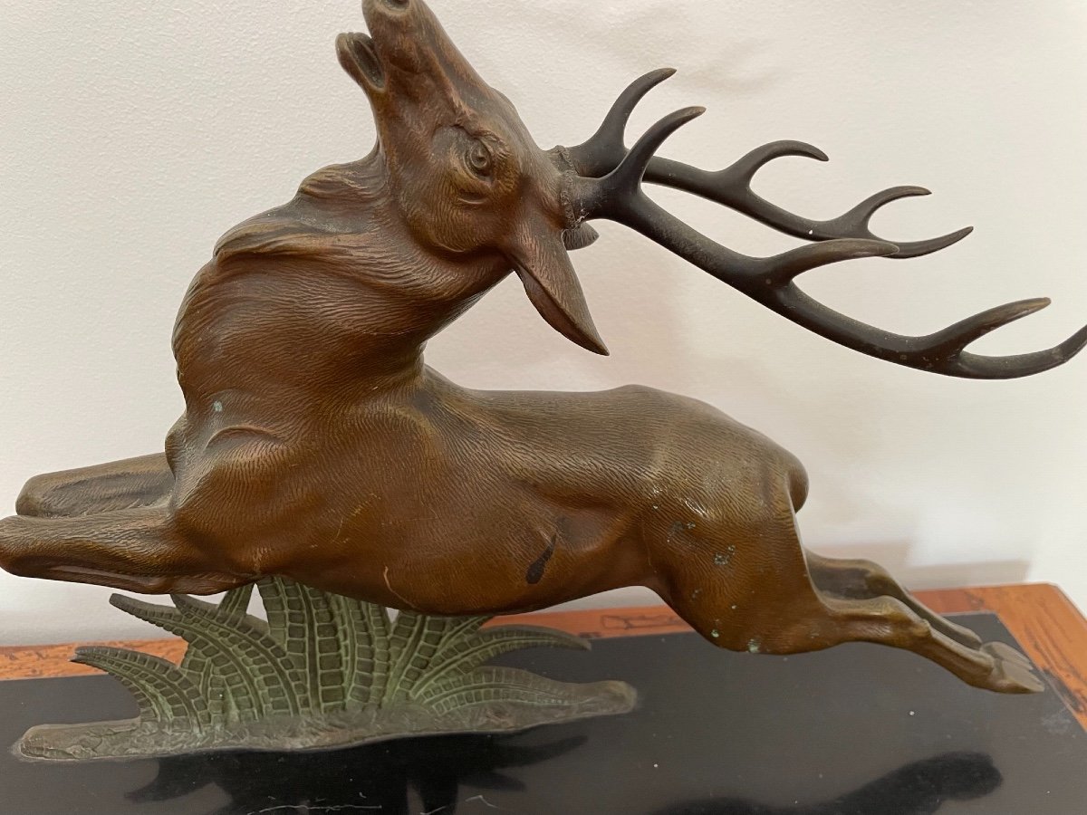 Bronze Statue: The Deer By E Guy  On Black Marble Base Ancient Art Deco Animal-photo-2