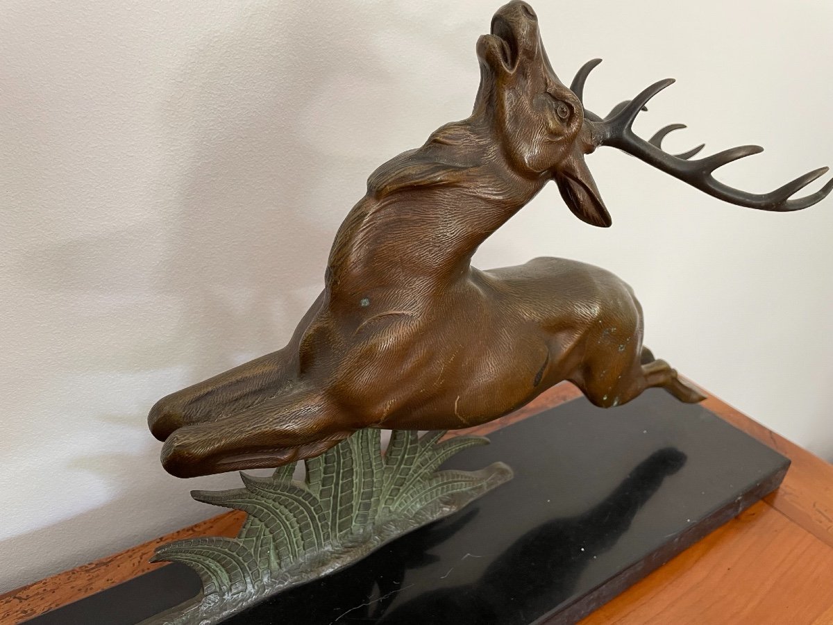 Bronze Statue: The Deer By E Guy  On Black Marble Base Ancient Art Deco Animal-photo-3