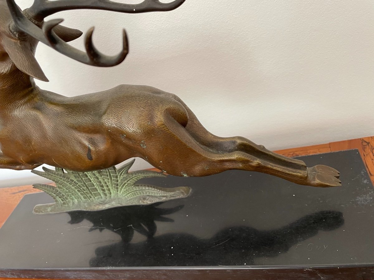 Bronze Statue: The Deer By E Guy  On Black Marble Base Ancient Art Deco Animal-photo-4