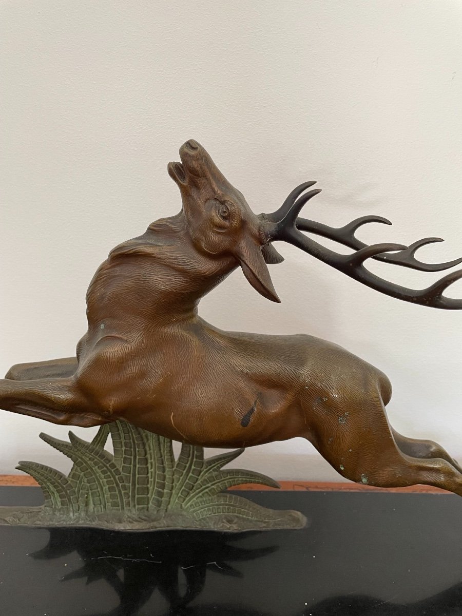 Bronze Statue: The Deer By E Guy  On Black Marble Base Ancient Art Deco Animal-photo-3