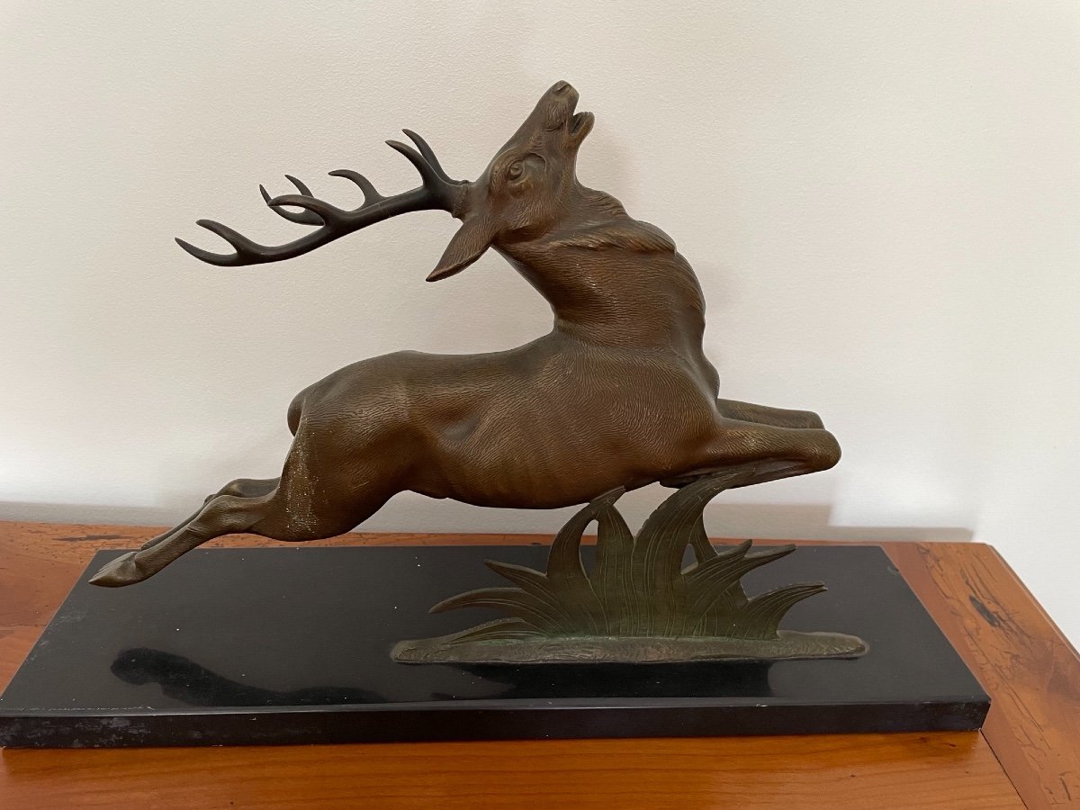 Bronze Statue: The Deer By E Guy  On Black Marble Base Ancient Art Deco Animal-photo-4