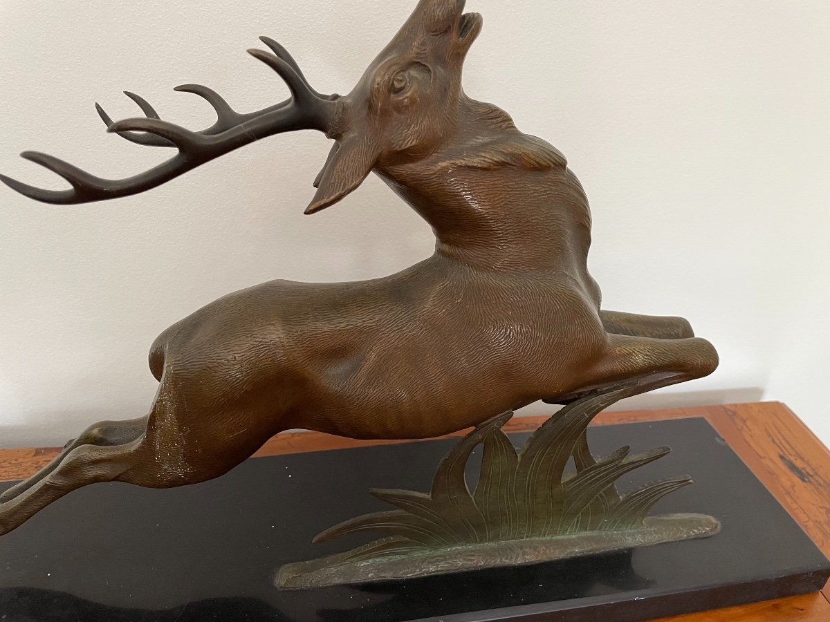 Bronze Statue: The Deer By E Guy  On Black Marble Base Ancient Art Deco Animal-photo-5