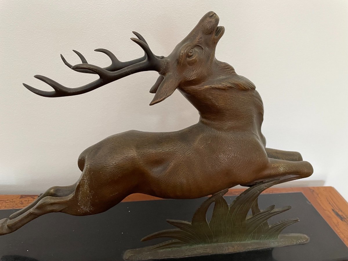 Bronze Statue: The Deer By E Guy  On Black Marble Base Ancient Art Deco Animal-photo-8