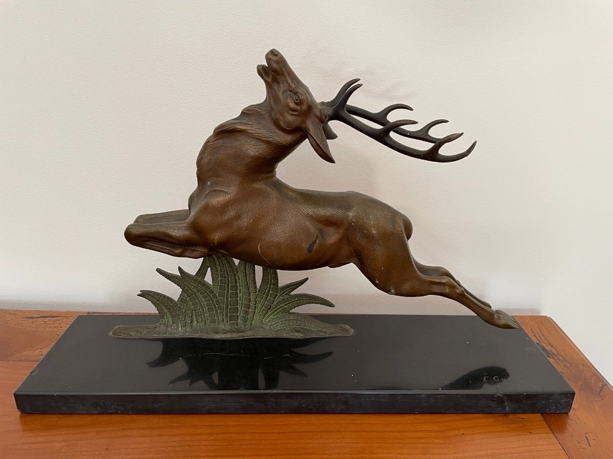 Bronze Statue: The Deer By E Guy  On Black Marble Base Ancient Art Deco Animal