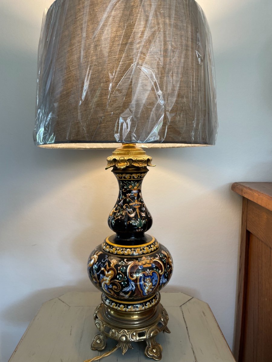 Old And Large Pair Of Lamps In Gien Black Renaissance Decor, Beginning Of The XX Eme Century-photo-4