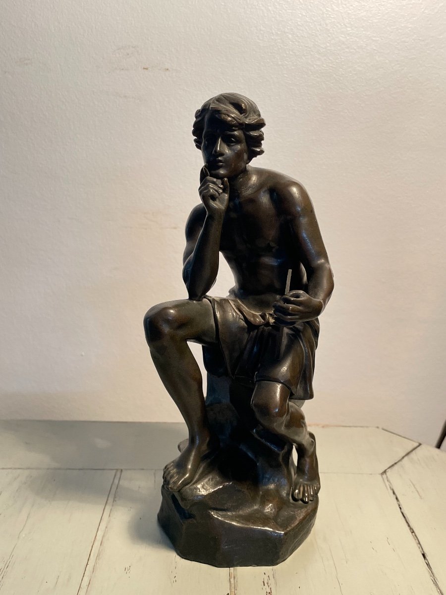 Ancien Statue Bronze Patiné Foncée : Le Penseur Par Carlier Fin Du XIX Eme Siècle