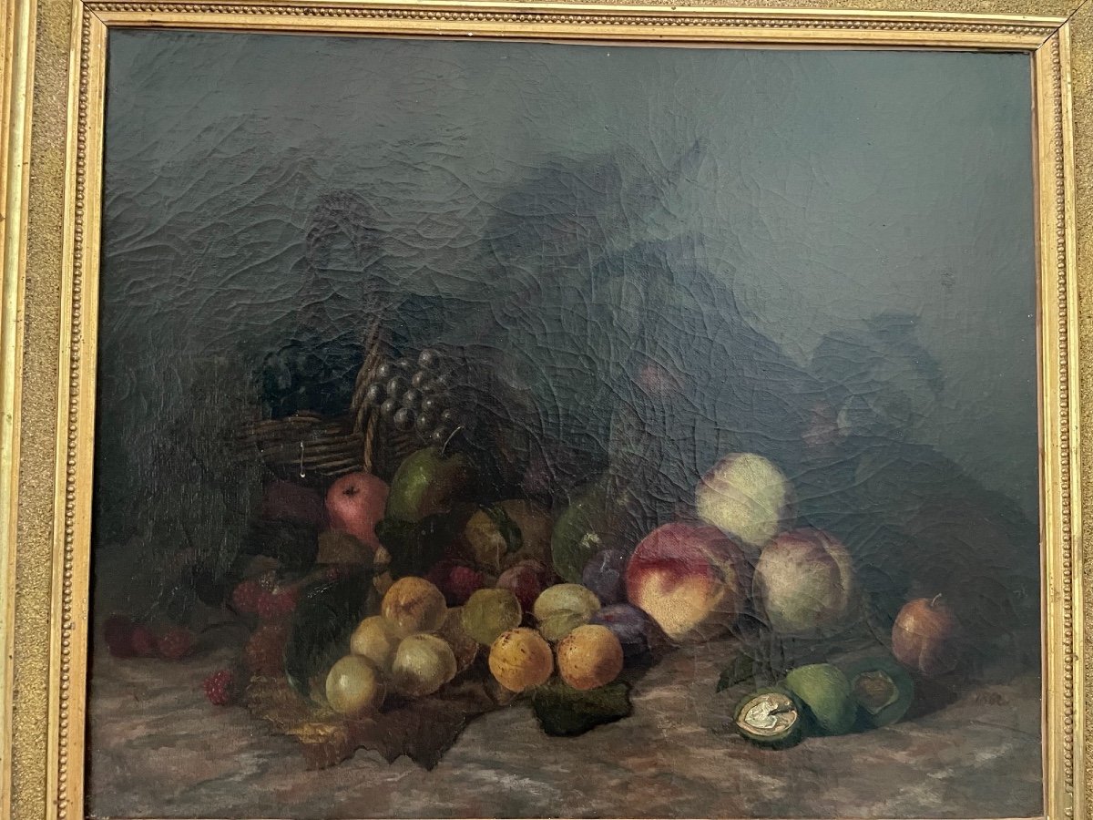 Tableau Ancien Huile Sur Toile XIX ème Siècle Nature Morte Signée Datée-photo-2