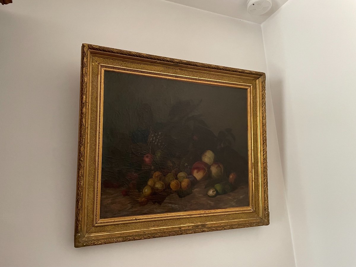 Tableau Ancien Huile Sur Toile XIX ème Siècle Nature Morte Signée Datée-photo-3