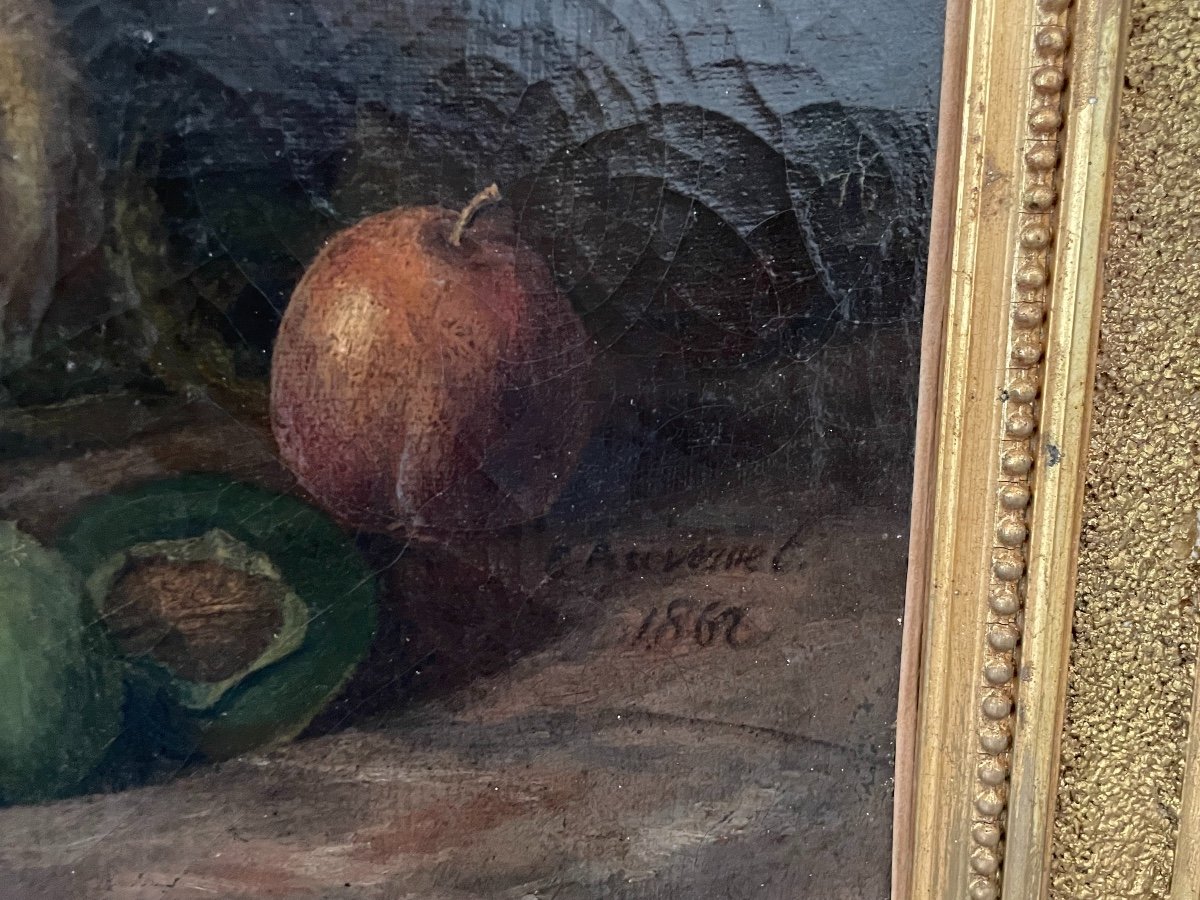 Tableau Ancien Huile Sur Toile XIX ème Siècle Nature Morte Signée Datée-photo-4