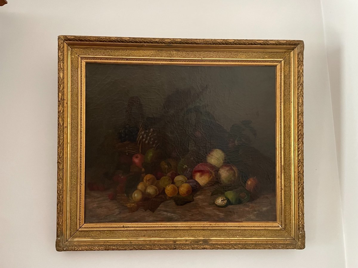 Tableau Ancien Huile Sur Toile XIX ème Siècle Nature Morte Signée Datée-photo-1