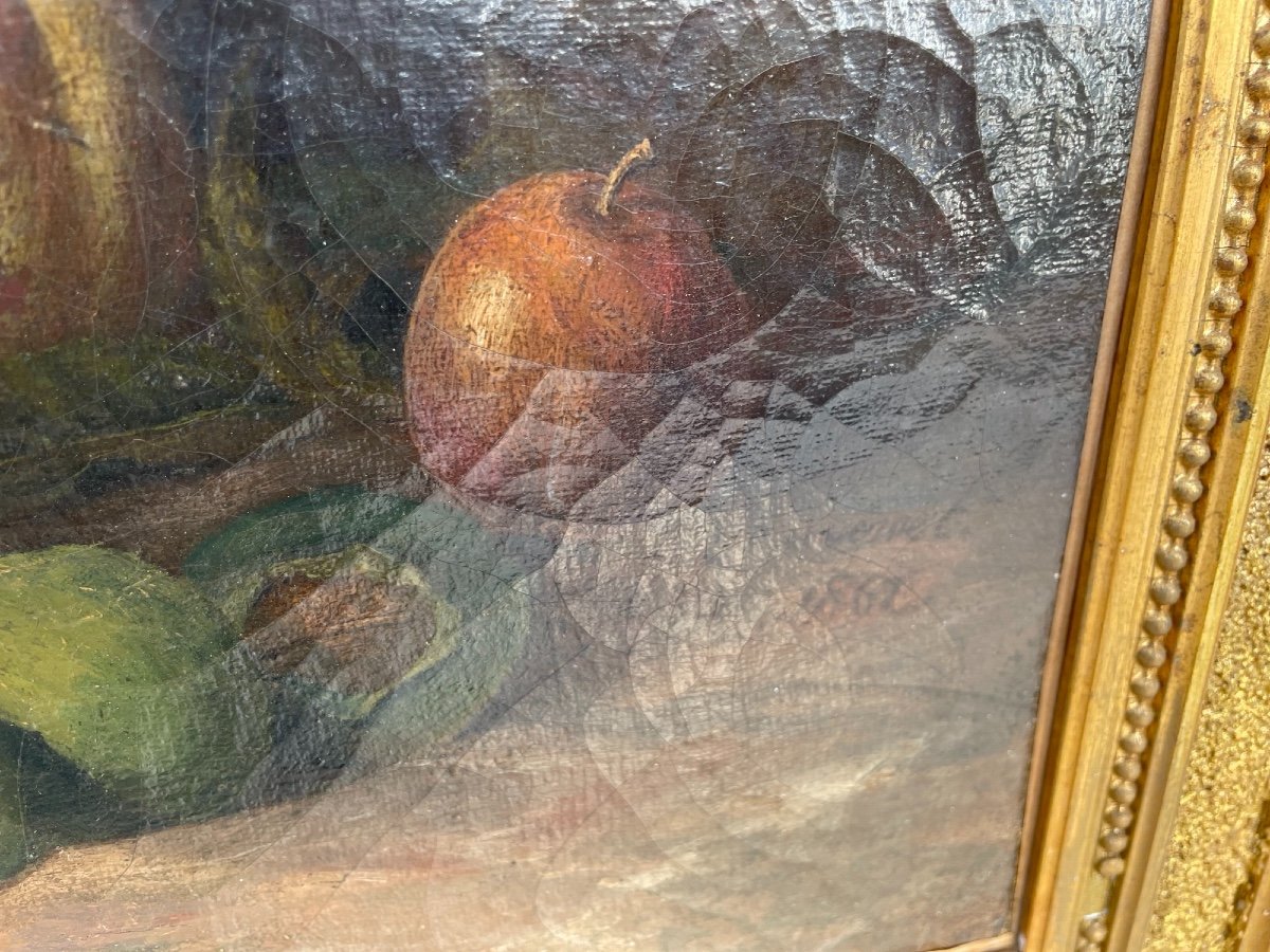 Tableau Ancien Huile Sur Toile XIX ème Siècle Nature Morte Signée Datée-photo-6