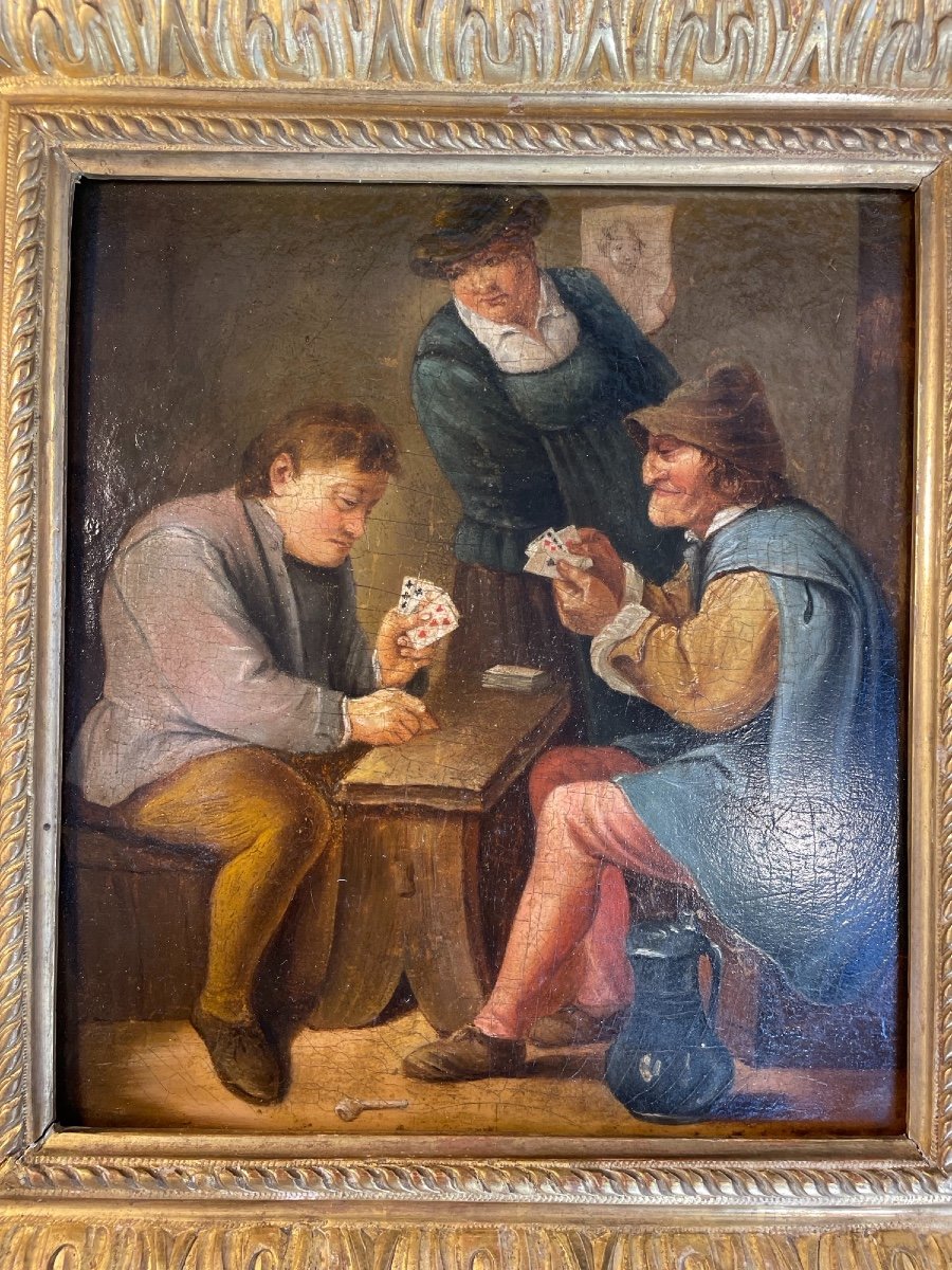 Old Flemish School Painting Late 18th Century Card Players Oil On Tavern Panel-photo-2