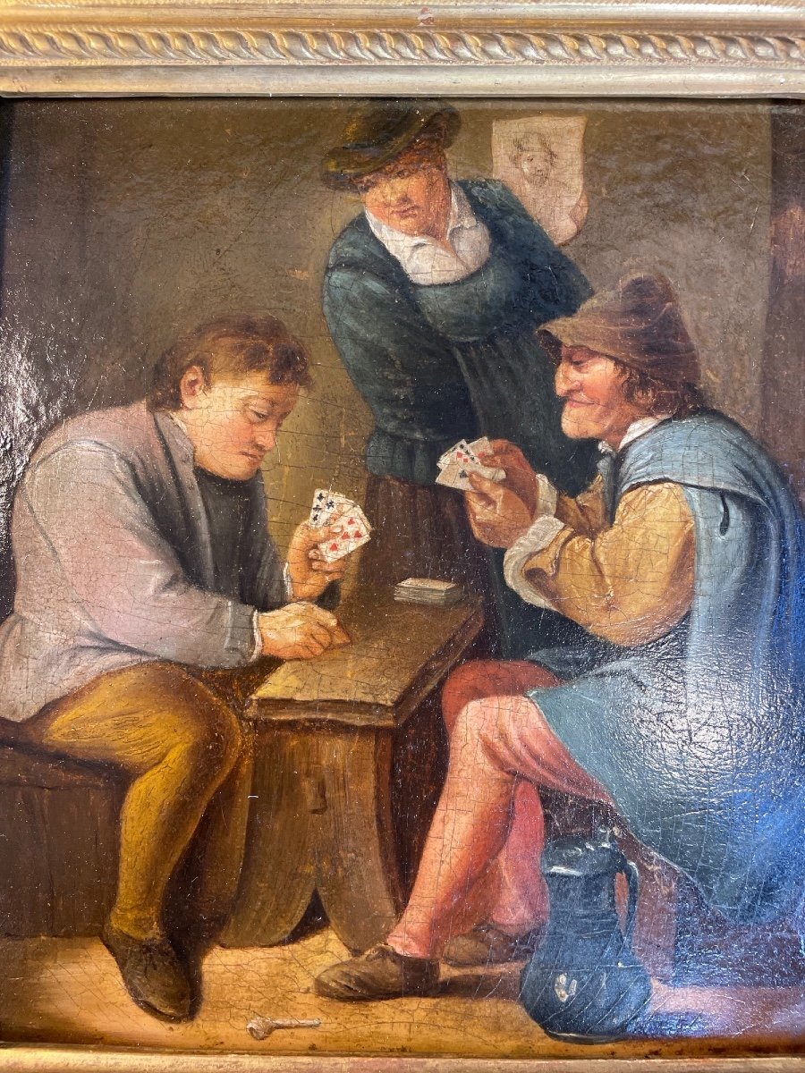 Old Flemish School Painting Late 18th Century Card Players Oil On Tavern Panel-photo-3