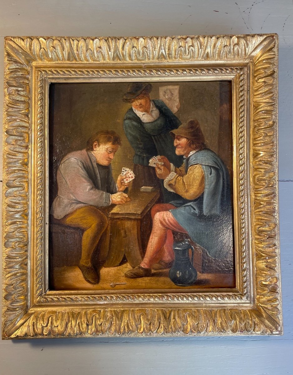 Old Flemish School Painting Late 18th Century Card Players Oil On Tavern Panel