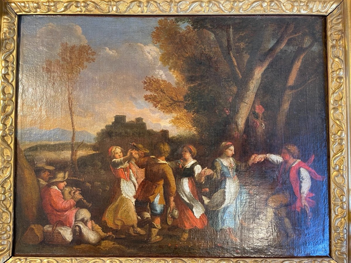 Tableau Ancien XVIII Eme, école Flamande Danse Paysanne Huile Sur Toile Scène Villageoise XVII -photo-2