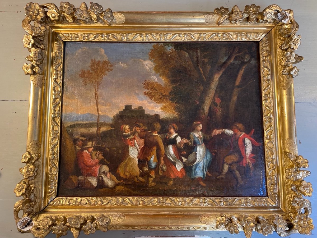 Tableau Ancien XVIII Eme, école Flamande Danse Paysanne Huile Sur Toile Scène Villageoise XVII -photo-1