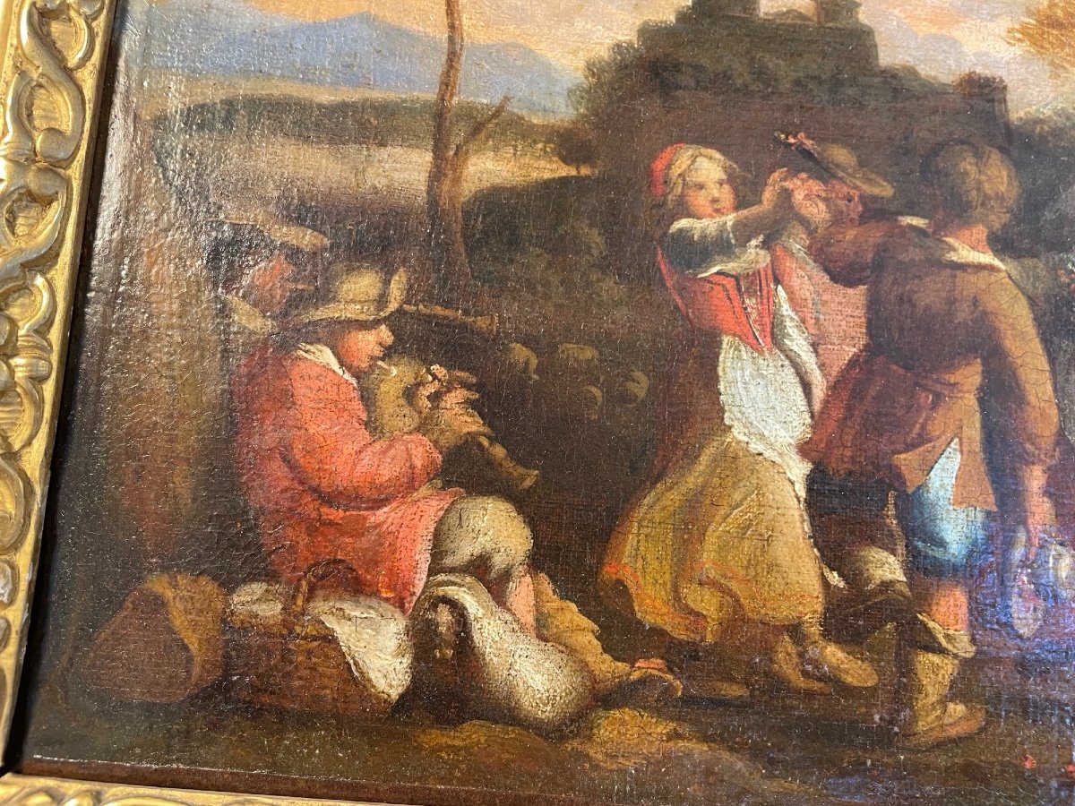 Tableau Ancien XVIII Eme, école Flamande Danse Paysanne Huile Sur Toile Scène Villageoise XVII -photo-2