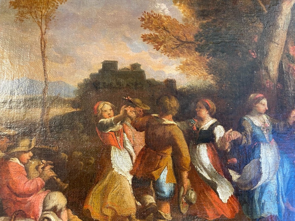 Tableau Ancien XVIII Eme, école Flamande Danse Paysanne Huile Sur Toile Scène Villageoise XVII -photo-4