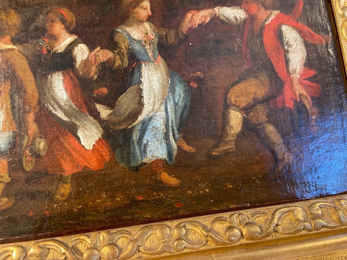 Tableau Ancien XVIII Eme, école Flamande Danse Paysanne Huile Sur Toile Scène Villageoise XVII -photo-5