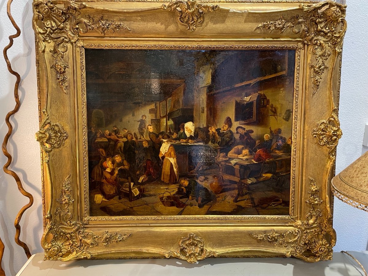 Large And Old Painting On Panel Hsp Flemish School: The Rare School Interior Scene XIX-photo-2