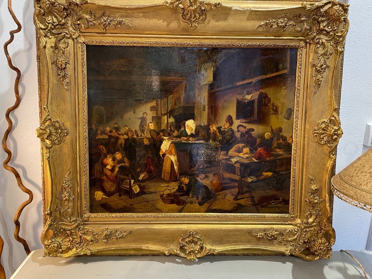 Large And Old Painting On Panel Hsp Flemish School: The Rare School Interior Scene XIX-photo-3