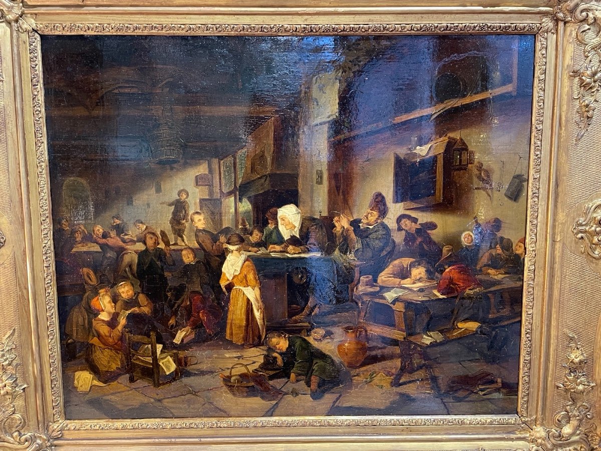 Large And Old Painting On Panel Hsp Flemish School: The Rare School Interior Scene XIX-photo-4