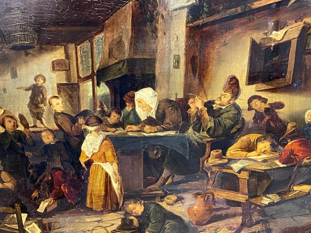 Large And Old Painting On Panel Hsp Flemish School: The Rare School Interior Scene XIX-photo-1