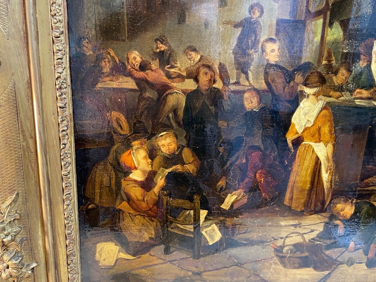 Large And Old Painting On Panel Hsp Flemish School: The Rare School Interior Scene XIX-photo-4