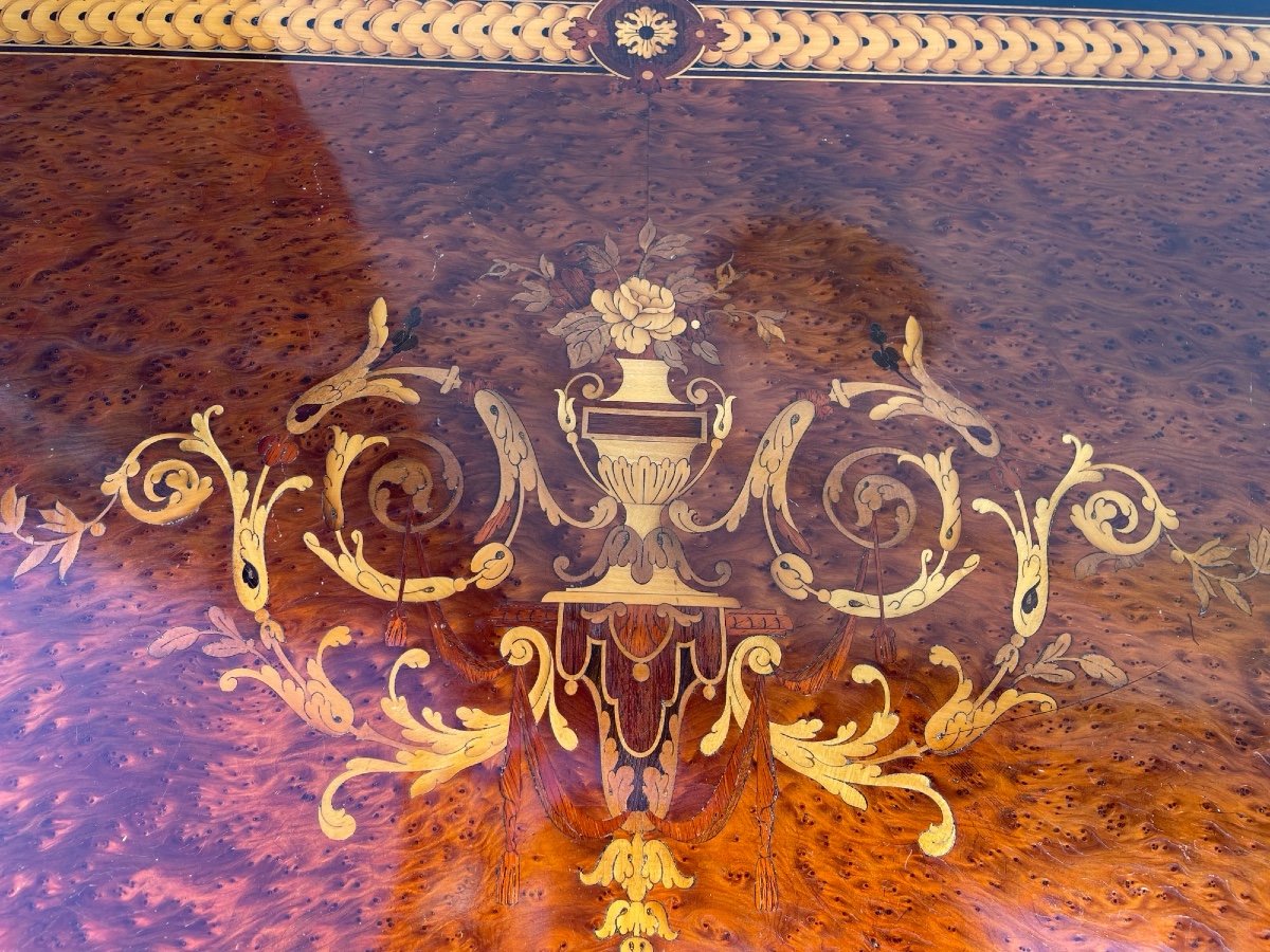 Ancienne Table De Milieu Salon Apparat Epoque Napoleon III Marqueterie XIX Siècle Bois Noirci-photo-3