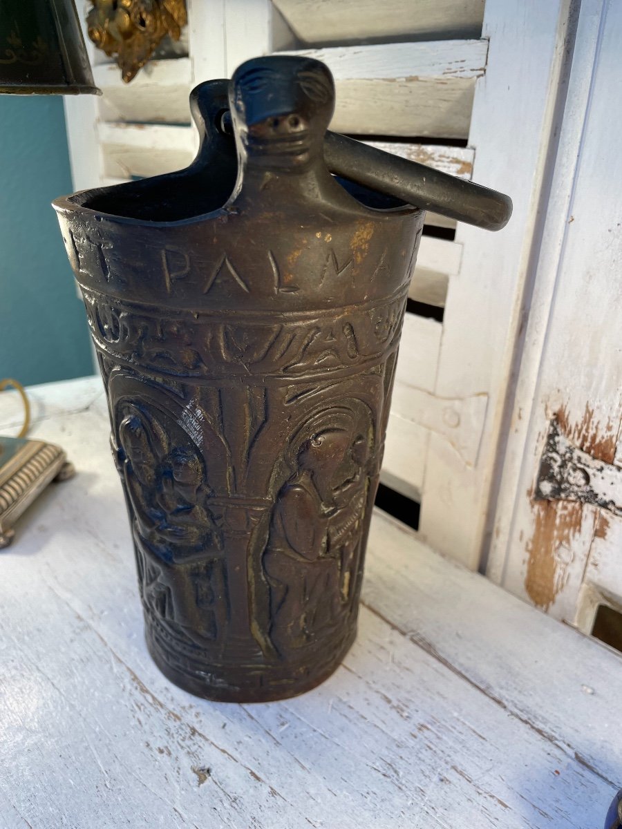 Old Large Holy Water Bucket In Bronze From The 19th Century Religion Devotion Curiosity Showcase-photo-2