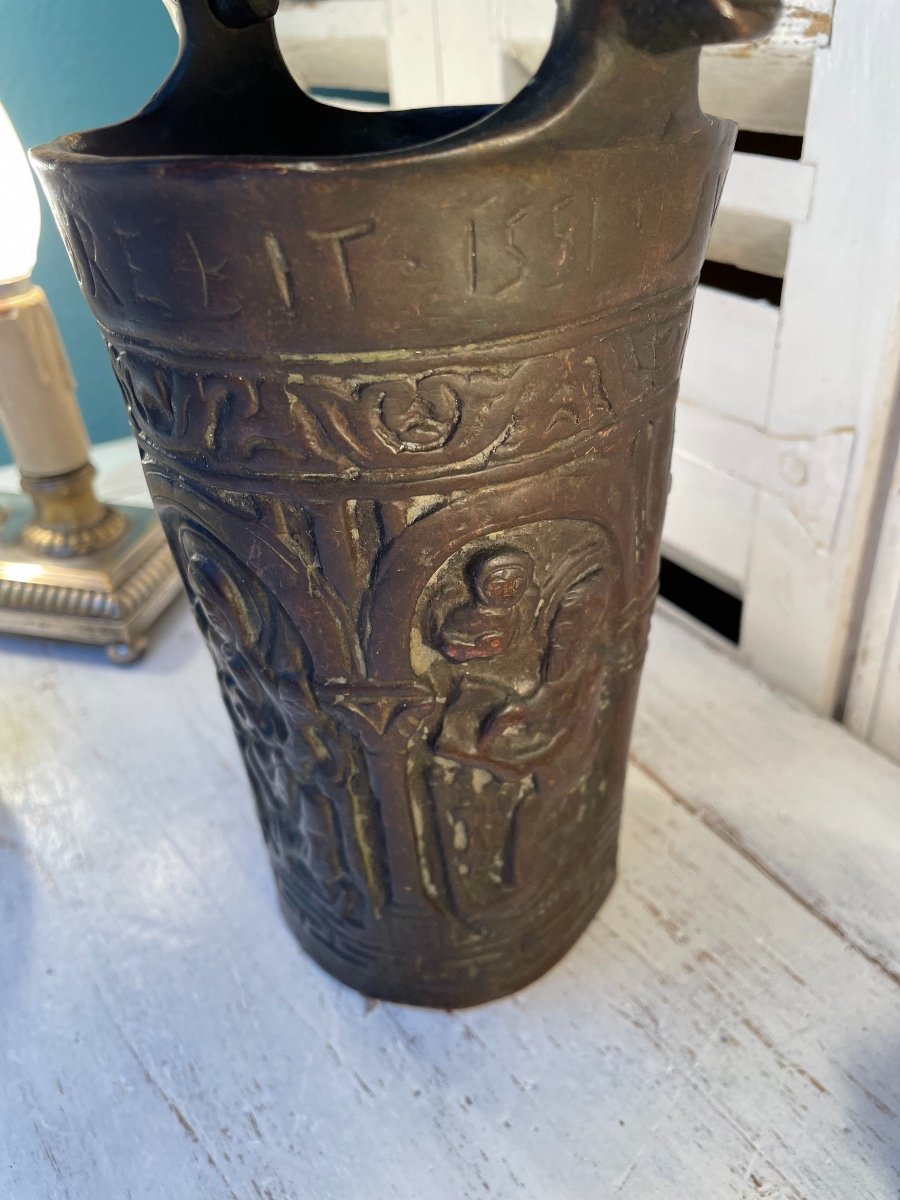 Old Large Holy Water Bucket In Bronze From The 19th Century Religion Devotion Curiosity Showcase-photo-4