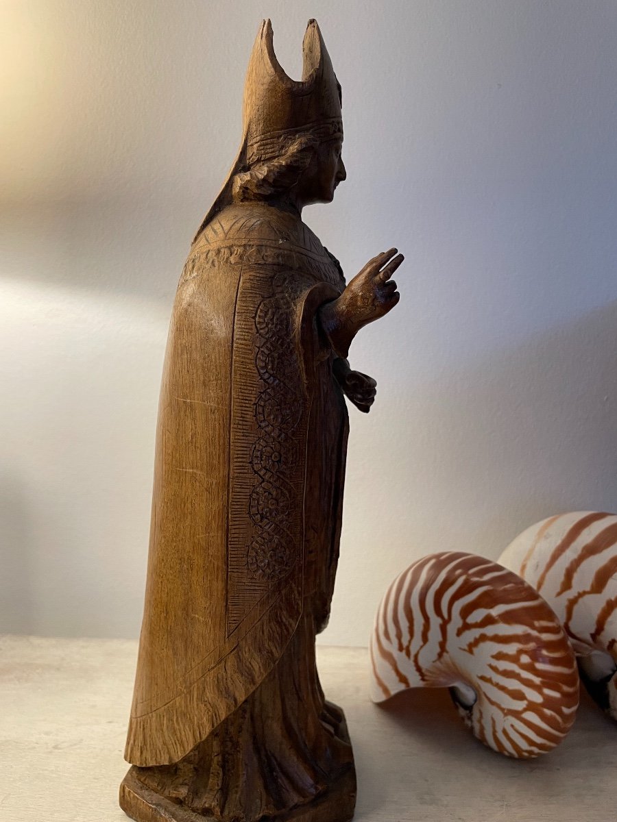 Old Wooden Bishop Statue Early 19th Century Wood Sculpture Religion Devotion Bishop-photo-2