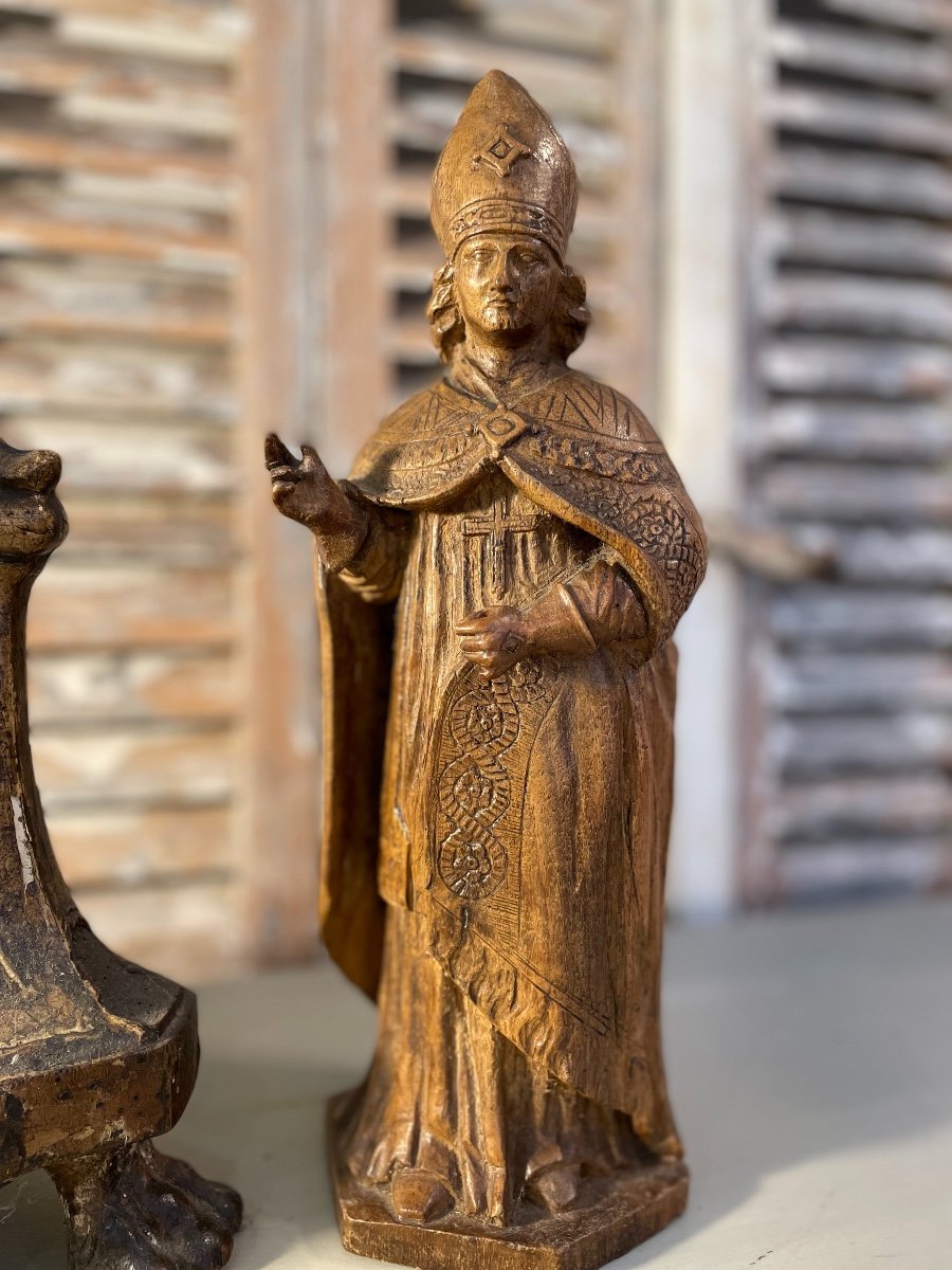 Old Wooden Bishop Statue Early 19th Century Wood Sculpture Religion Devotion Bishop