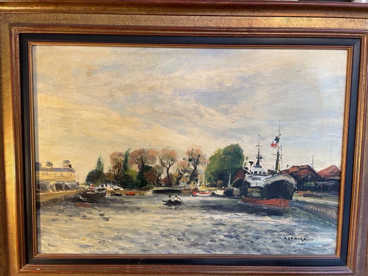 Gaston Sébire, School Of Rouen Oil On Canvas Bank Of The Seine Old Marine Painting Hst 20th-photo-2