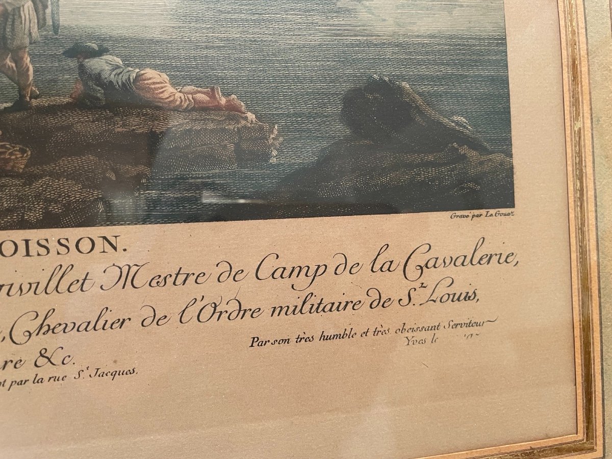 Gravure Ancienne Réhaussée époque XVIII Eme Siecle Par Vernet Et Le Gouaz le choix du poisson -photo-2