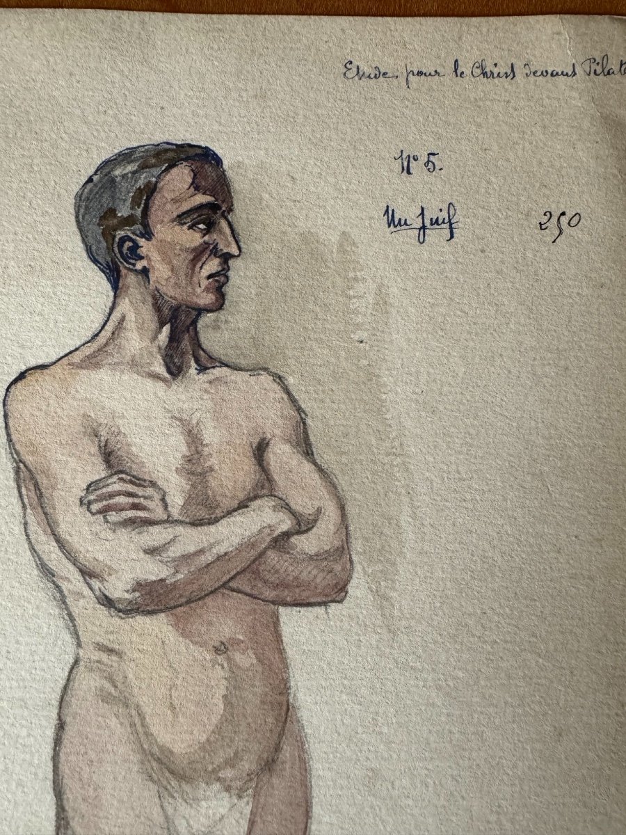 Academic Nude Watercolor Drawing Study Of Christ Before Pilate, Early 20th Century -photo-3