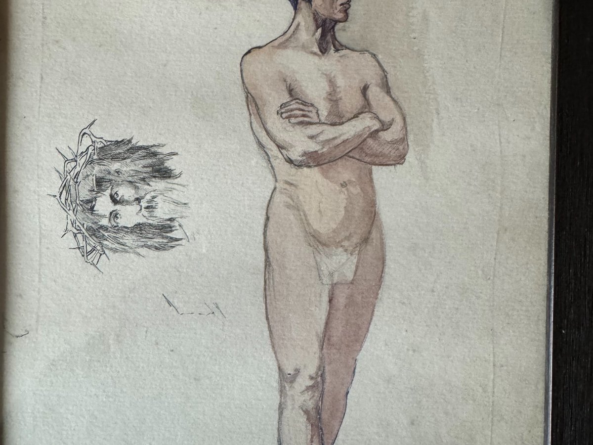Academic Nude Watercolor Drawing Study Of Christ Before Pilate, Early 20th Century -photo-1