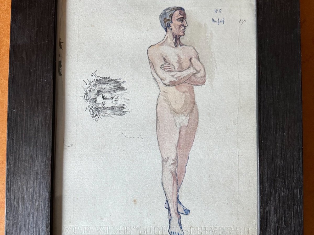 Academic Nude Watercolor Drawing Study Of Christ Before Pilate, Early 20th Century -photo-2