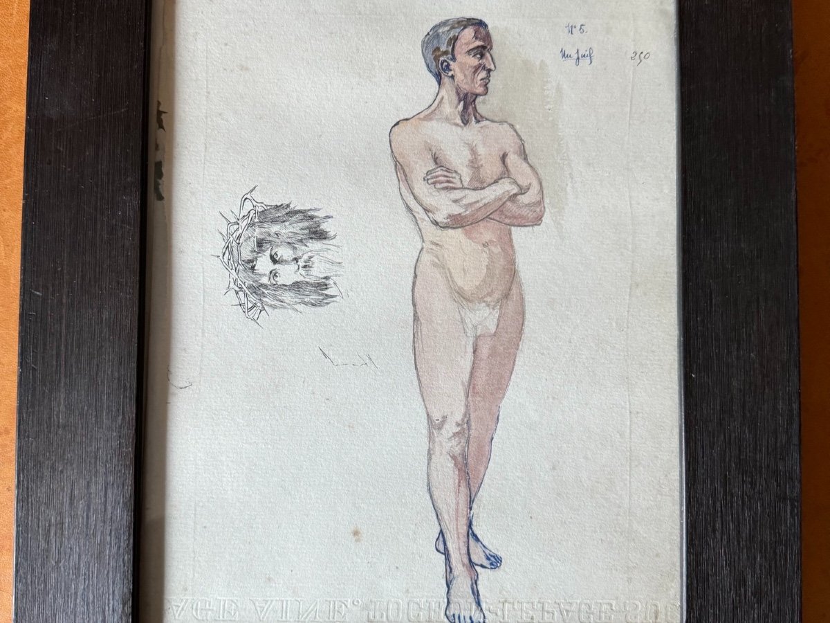 Academic Nude Watercolor Drawing Study Of Christ Before Pilate, Early 20th Century 