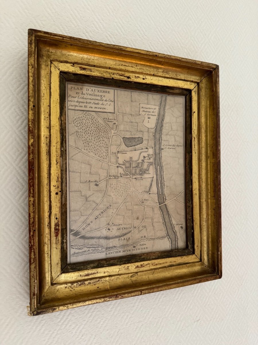 Old Plan Of The City Of Auxerre In Its Golden Wood Frame, 18th Century Period-photo-2