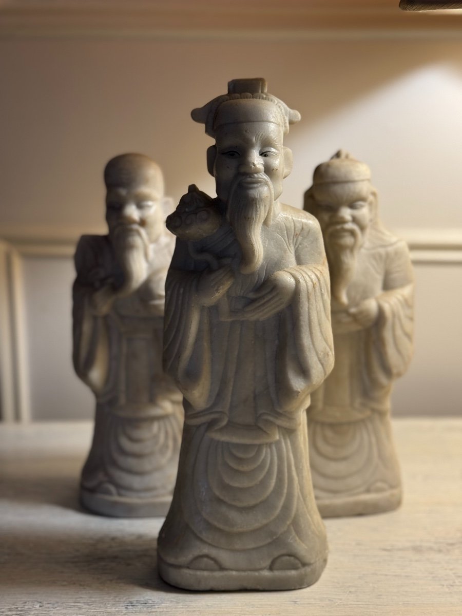 Ancient Trio Of Chinese Dignitaries Statue Sculpture In White Marble Early 20th China-photo-4