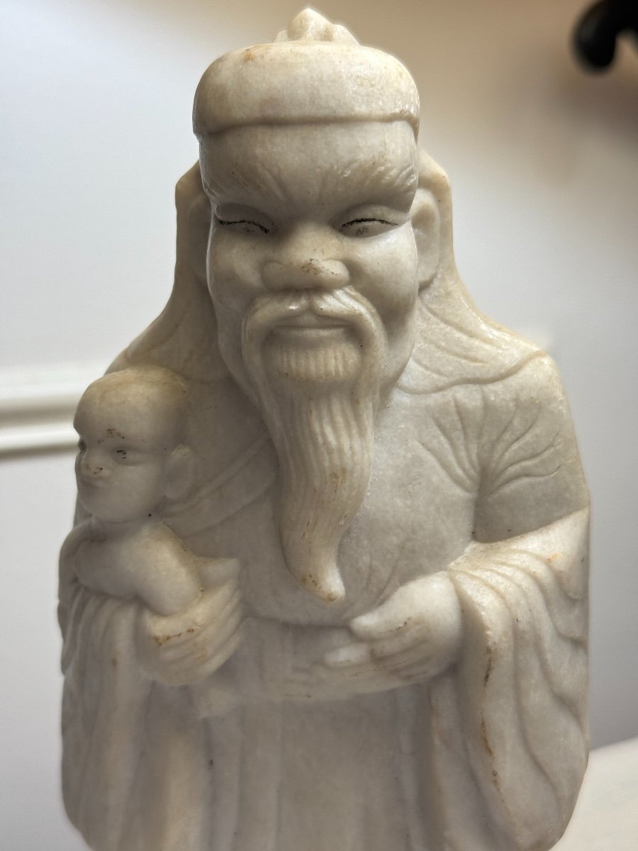 Ancient Trio Of Chinese Dignitaries Statue Sculpture In White Marble Early 20th China-photo-3