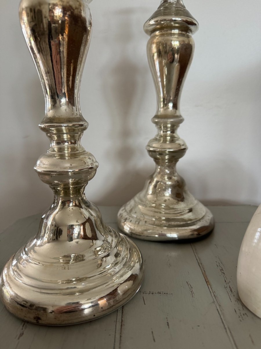 Old Pair Of églomisé Glass Candlesticks Early 19th Century Good Condition-photo-2