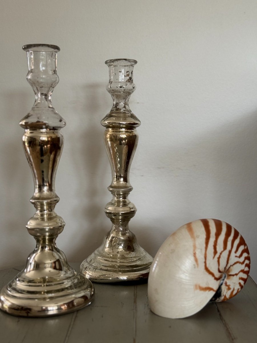 Old Pair Of églomisé Glass Candlesticks Early 19th Century Good Condition-photo-1